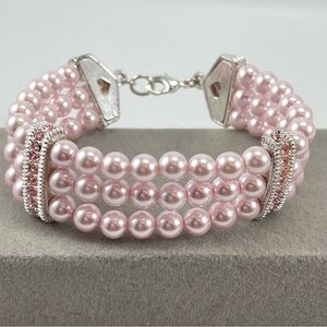 Stunning Unsigned Pink Glass Pearls Rhinestone Silver Tone Multi Layer Bracelet